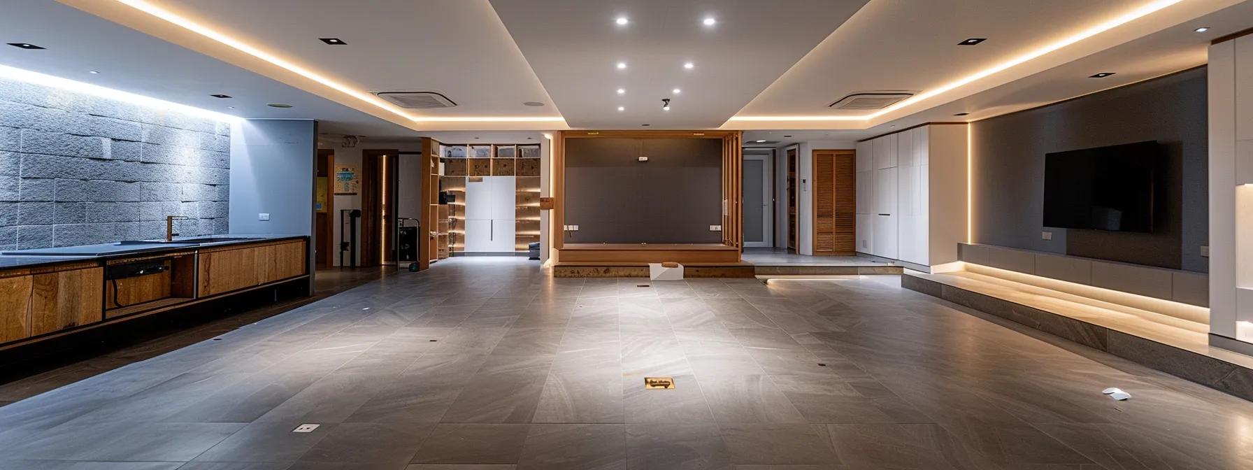 a modern basement with sleek waterproofing systems visibly installed on the walls, featuring advanced materials and tools, illuminated by bright overhead lights in a clean, well-organized environment that emphasizes professionalism in waterproofing solutions.