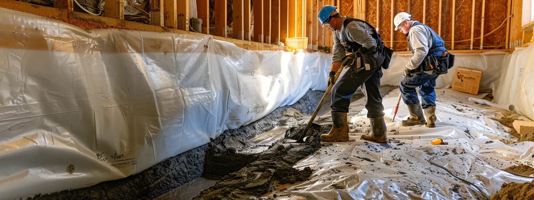 a professional basement waterproofing scene captures contractors in safety gear diligently applying waterproof membranes to exposed concrete walls while installing a french drain, set in a clean, brightly lit environment.