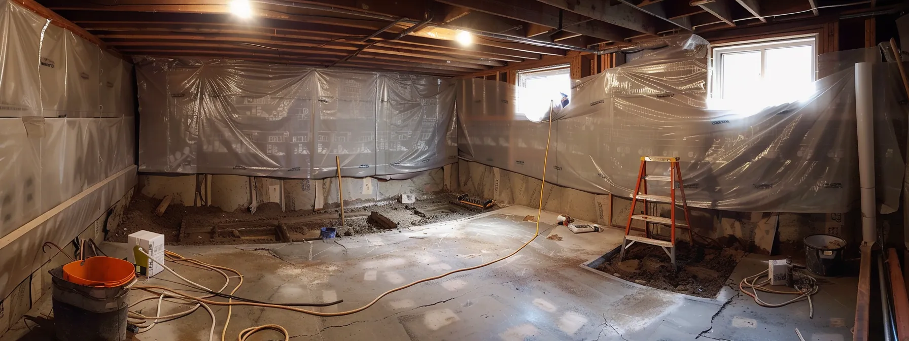 a professional contractor diligently applies waterproofing membranes to exposed concrete walls in a well-lit residential basement, while another installs a french drain alongside a neatly organized workspace, emphasizing the reliability and expertise in foundation protection.