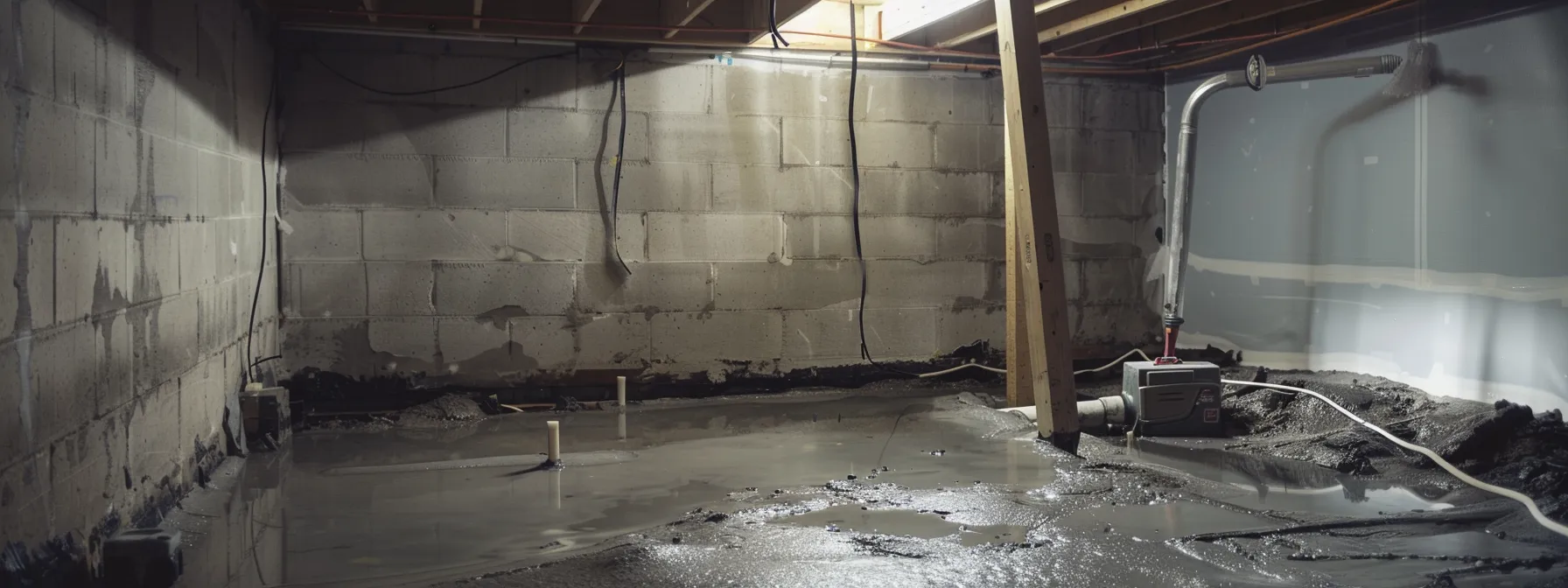 a well-lit and professional basement waterproofing scene features exposed concrete walls, where a contractor skillfully applies waterproofing membranes and seals cracks with hydraulic cement, while a french drain is being installed and a sump pump awaits placement in the corner.