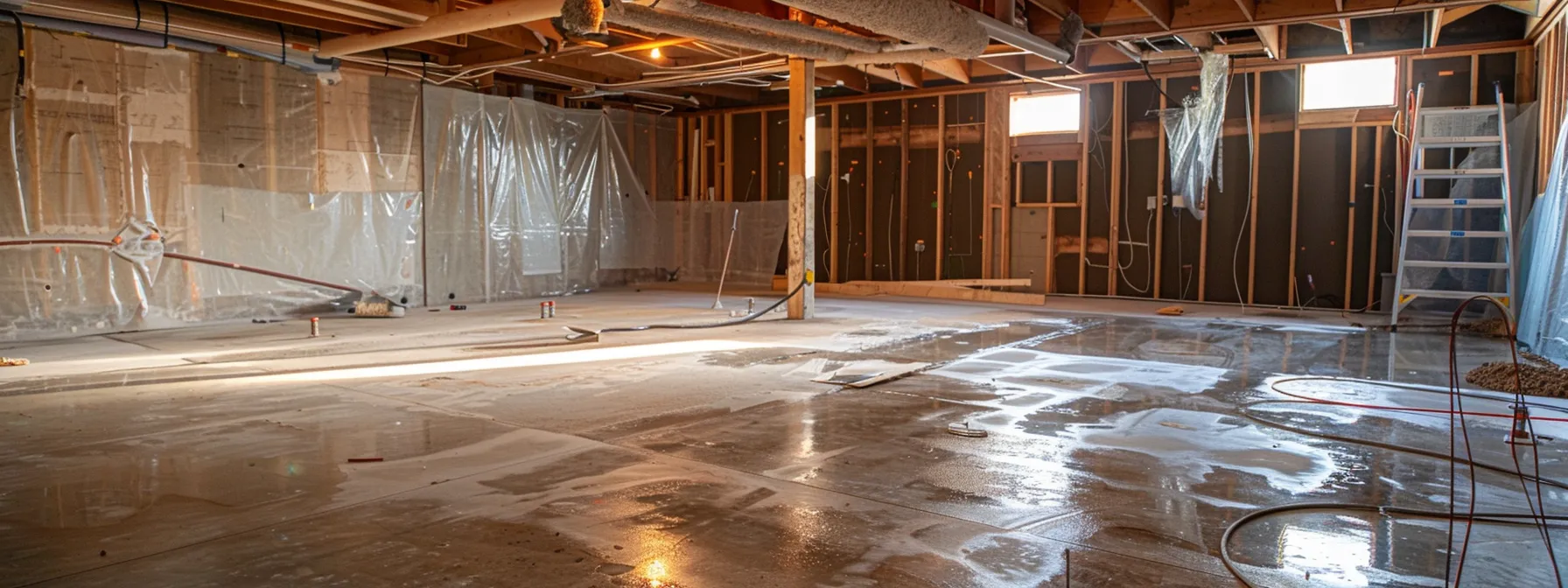 a well-lit residential basement showcases the waterproofing process in action, featuring exposed concrete walls and flooring, as a contractor diligently applies waterproofing membranes and seals cracks with hydraulic cement, while a french drain awaits installation alongside a ready sump pump.