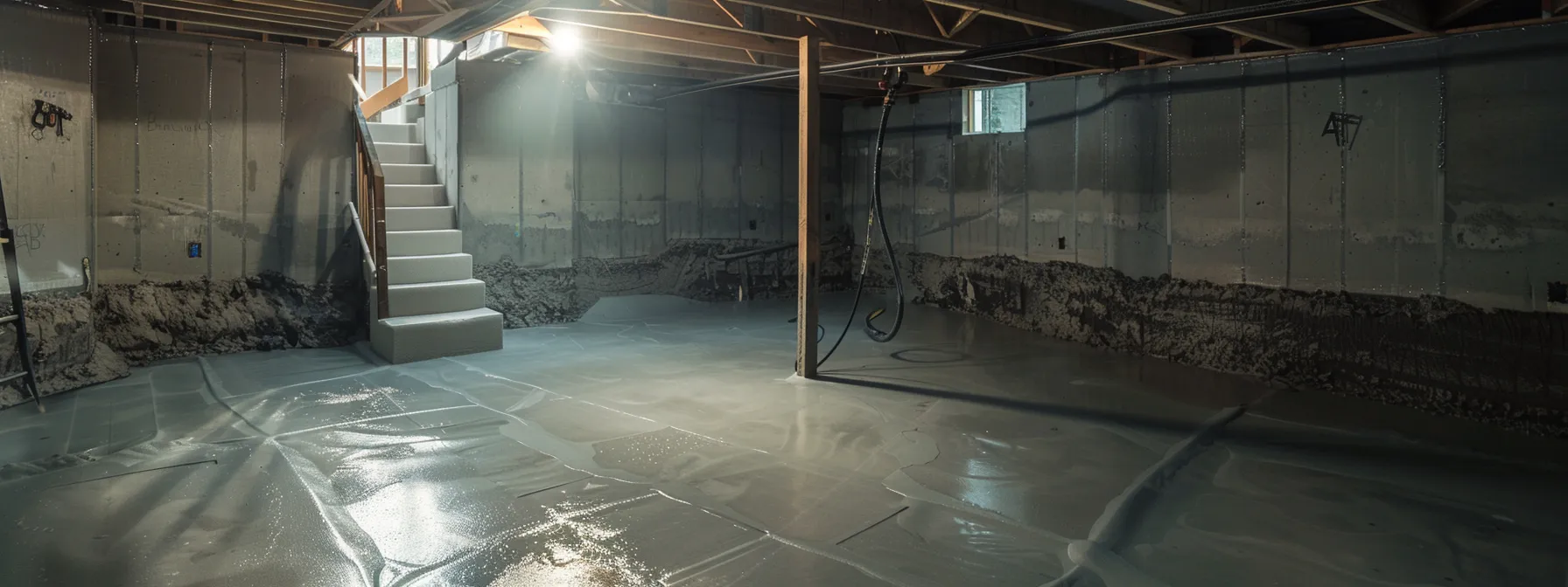 a well-lit residential basement showcases the professional waterproofing process in action, featuring exposed concrete walls while a contractor skillfully applies waterproofing membranes and installs a french drain, exemplifying commitment to quality and customer satisfaction.