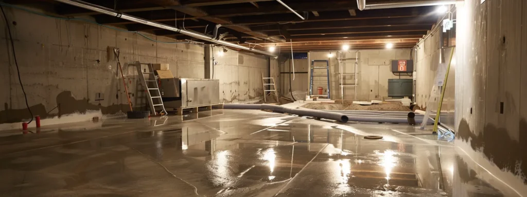 a well-lit residential basement showcases the professional waterproofing process, featuring exposed concrete walls with sturdy membranes being applied, a contractor expertly sealing cracks with hydraulic cement, and a french drain being installed along the perimeter, all within a clean and organized workspace.