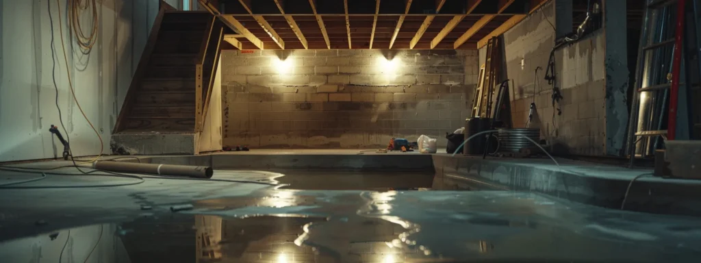 a well-lit residential basement showcases the professional waterproofing process, featuring exposed concrete walls as contractors apply waterproof membranes and install a french drain, highlighting the clean and organized workspace.