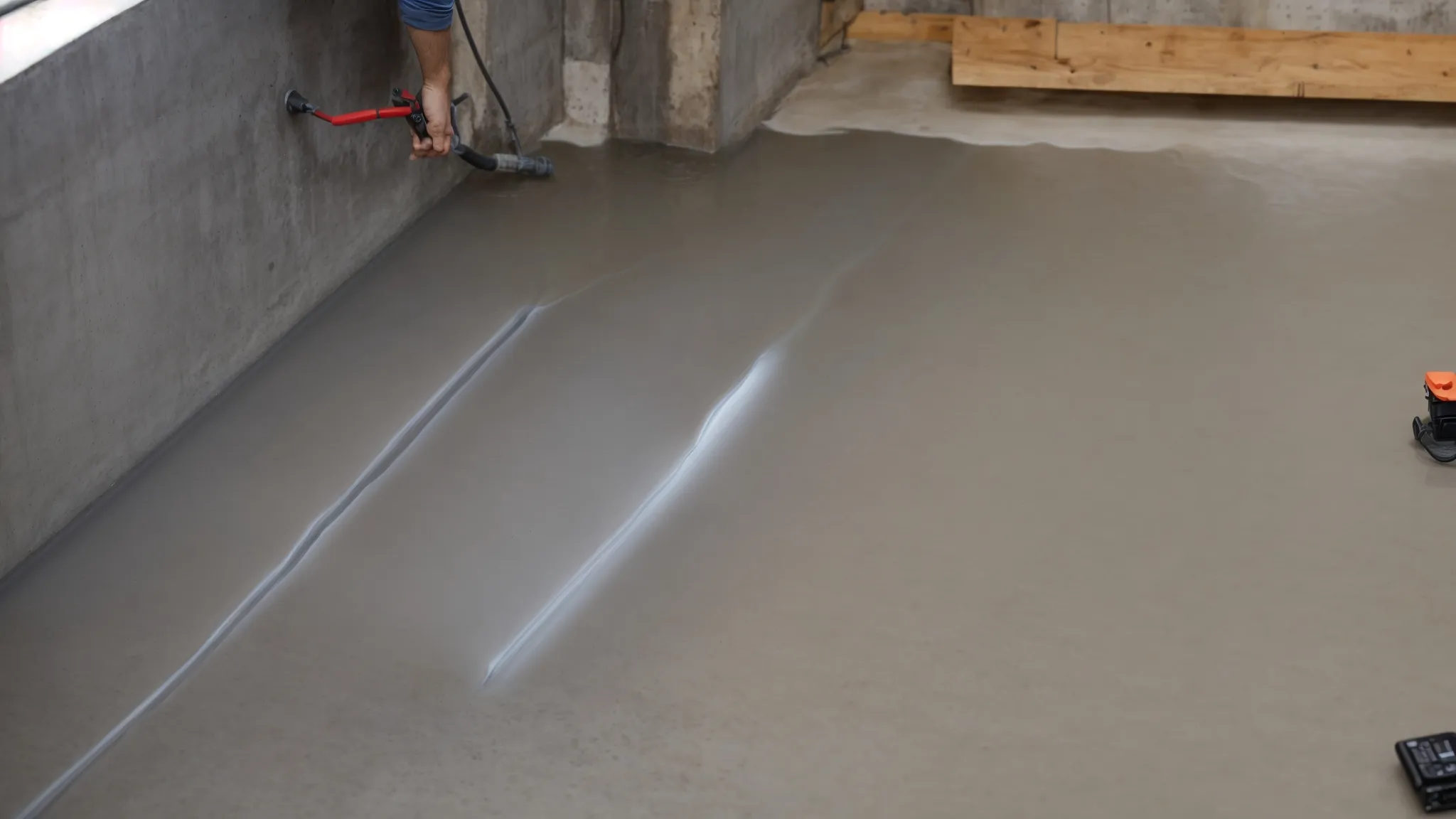 a bright, professional basement setting showcases contractors applying waterproofing membranes on exposed concrete walls while installing a french drain, with attention to detail reflecting madison homeowners' needs for long-lasting protection against moisture.