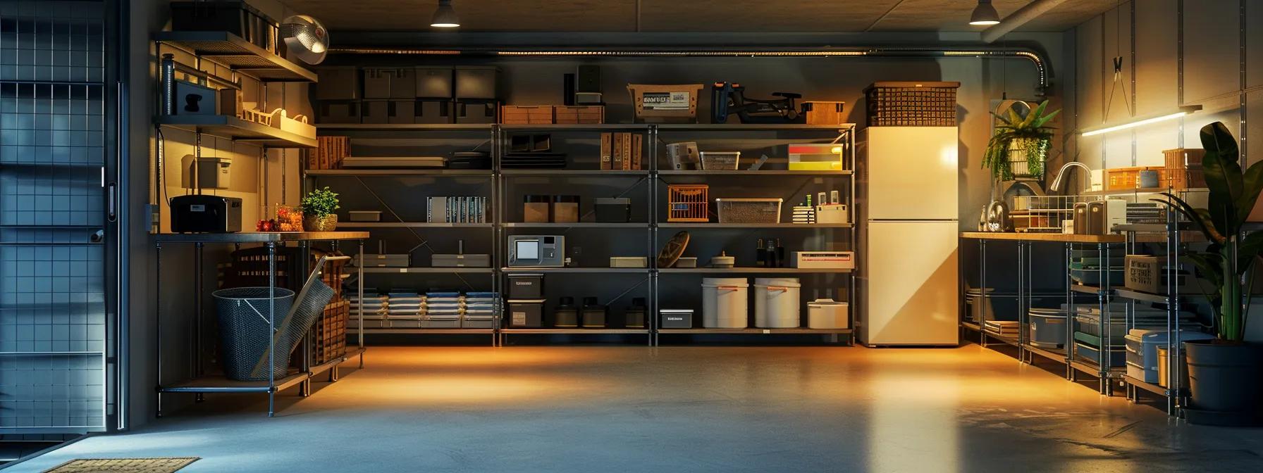 a meticulously organized and illuminated basement, featuring state-of-the-art waterproofing materials and tools, showcasing the professional installation process in a sleek, modern urban setting.