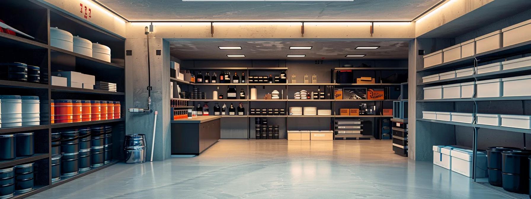 a modern basement waterproofing facility showcases a clean, organized workspace with various high-quality sealants, membranes, and adhesives prominently displayed on sleek shelves, illuminated by bright, focused industrial lighting, emphasizing the importance of material selection for performance and longevity.