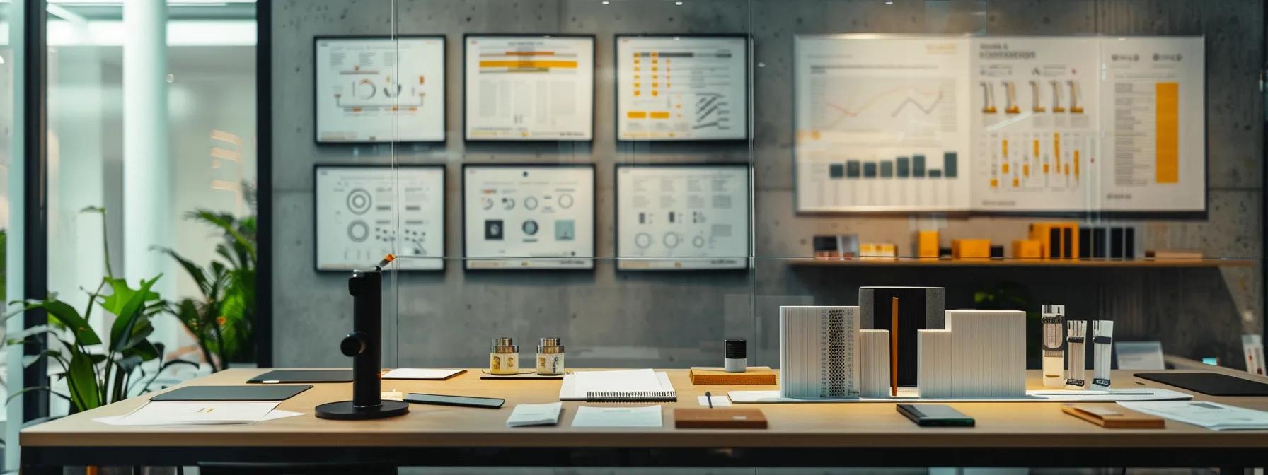 a modern basement waterproofing setup featuring professional-grade material samples on a sleek conference table, with a backdrop of technical diagrams and charts, emphasizing durability, maintenance protocols, and life cycle performance in a well-lit, urban office environment.