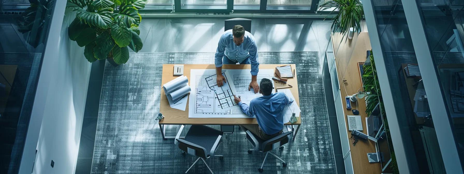a visually striking image of a modern office space featuring professionals engaged in a detailed discussion around architectural blueprints and financial charts focused on a large waterproofing project, illuminated by soft overhead lighting to enhance the serious atmosphere.