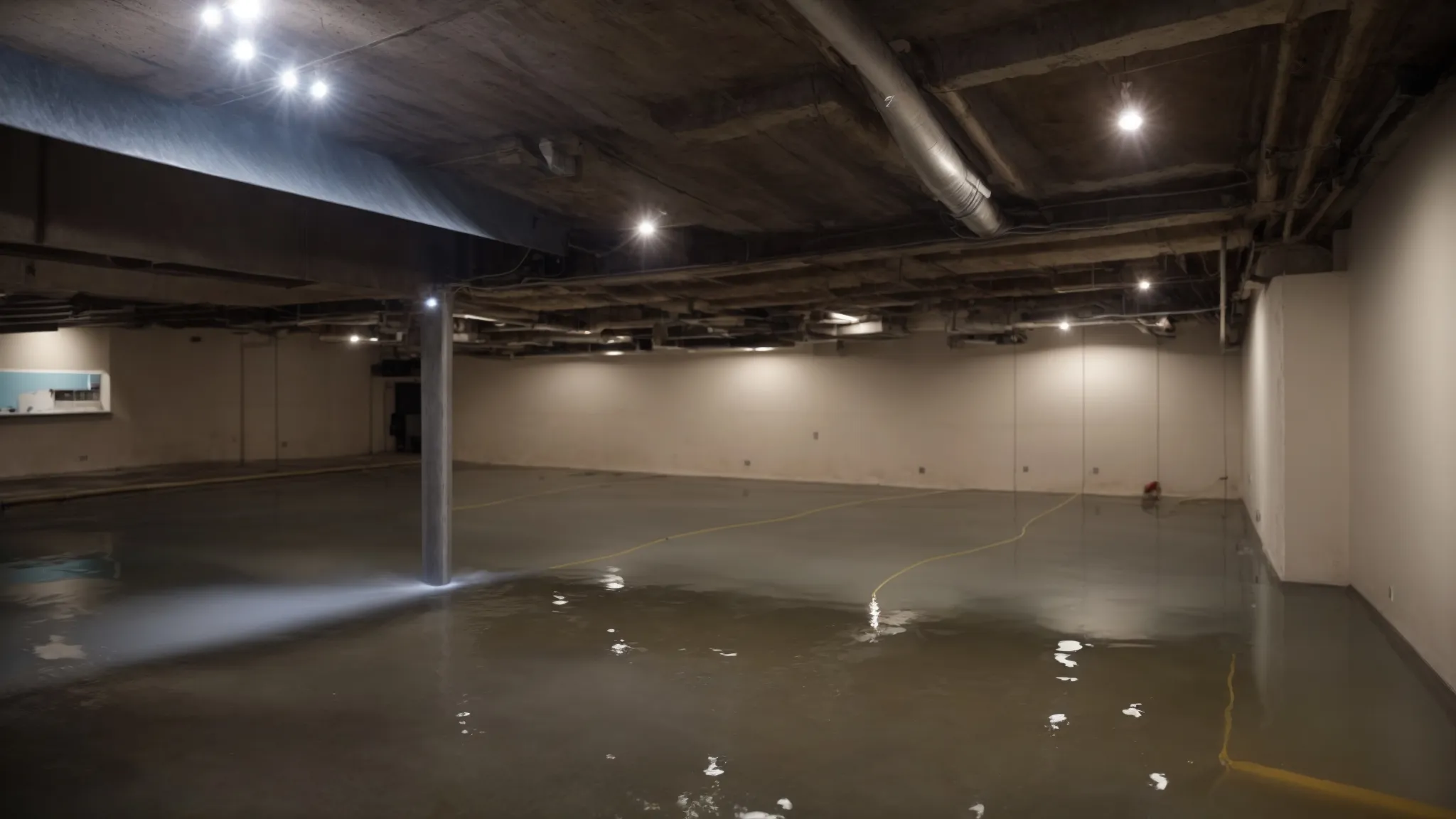 a well-lit basement showcases the waterproofing process in action, featuring a contractor skillfully sealing cracks with hydraulic cement while another installs a french drain, emphasizing a clean and professional environment.