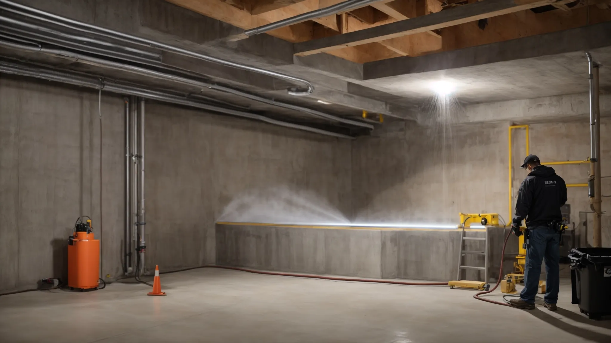 a well-lit residential basement showcases the waterproofing process with exposed concrete walls, as a contractor applies hydraulic cement to seal cracks, while another installs a french drain, embodying professional compliance with local regulations and eco-friendly practices.