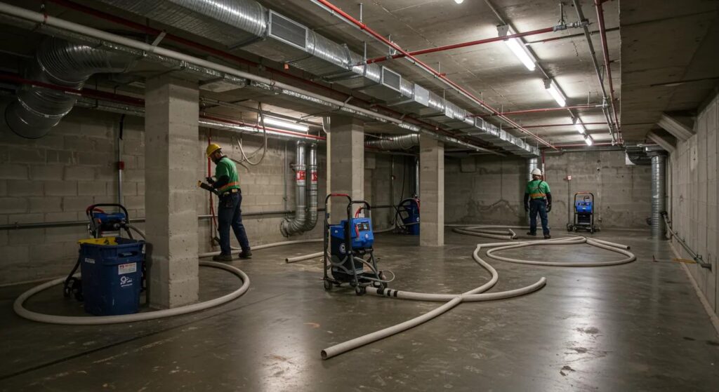 a clean, modern basement undergoing a professional waterproofing treatment, with technicians using advanced equipment to ensure a dry, secure environment, illuminated by bright overhead lights that showcase the transformation.