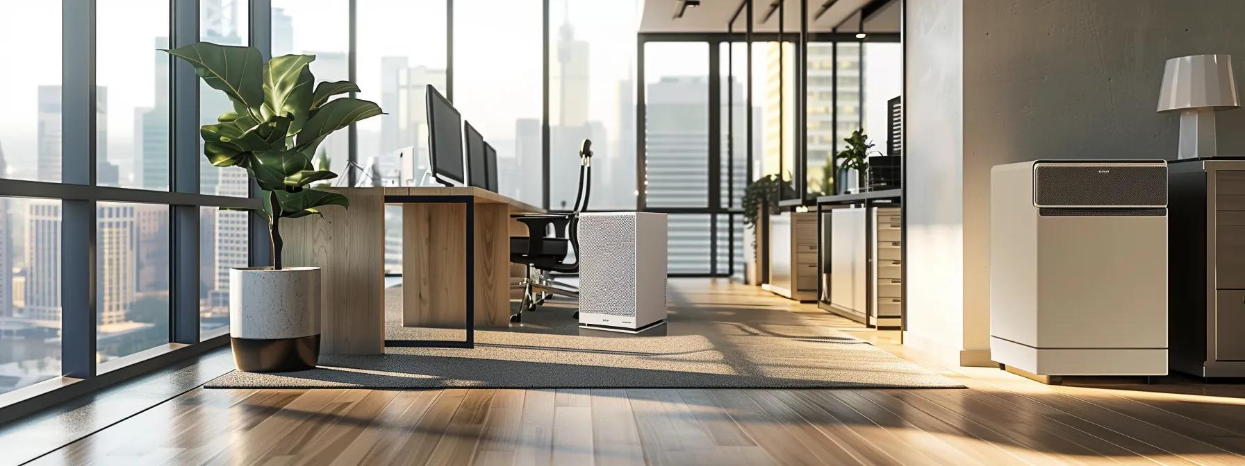 a sleek, modern office interior showcases a state-of-the-art air purification system, highlighting the benefits of improved indoor air quality with clear, bright ambiance and a focus on a clean, healthy workspace.