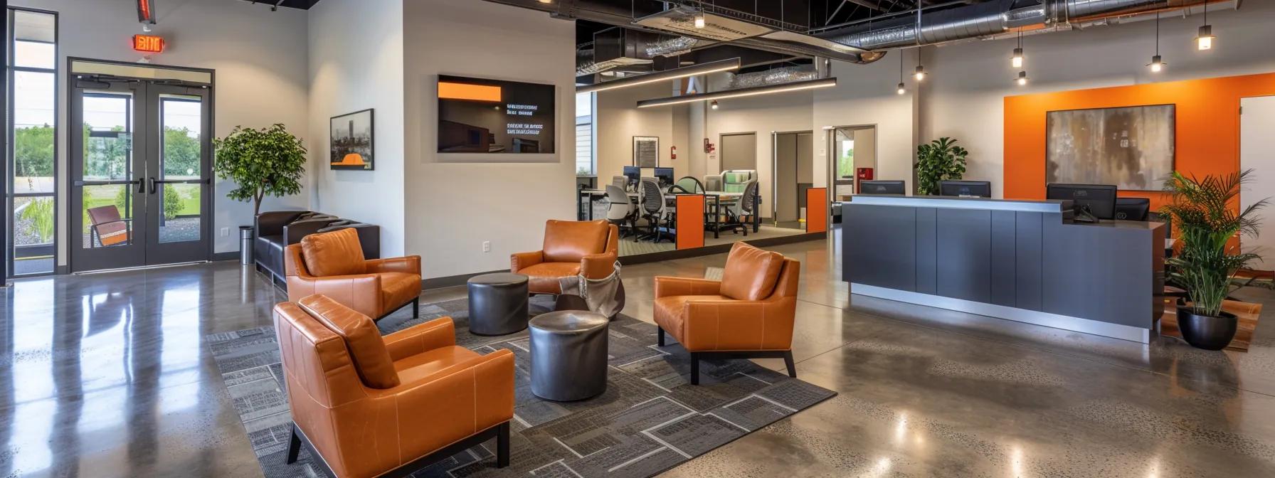 a sleek, modern office showcasing a freshly renovated property with polished surfaces and vibrant indoor spaces, emphasizing the impact of professional waterproofing services on increasing its appeal and value.