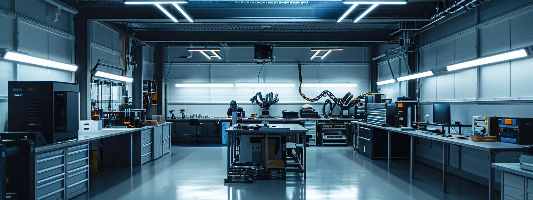 a sleek, modern workshop is illuminated by bright overhead lights, showcasing a technician expertly applying specialized sealing techniques to intricate machinery, emphasizing cutting-edge precision and innovation in craftsmanship.