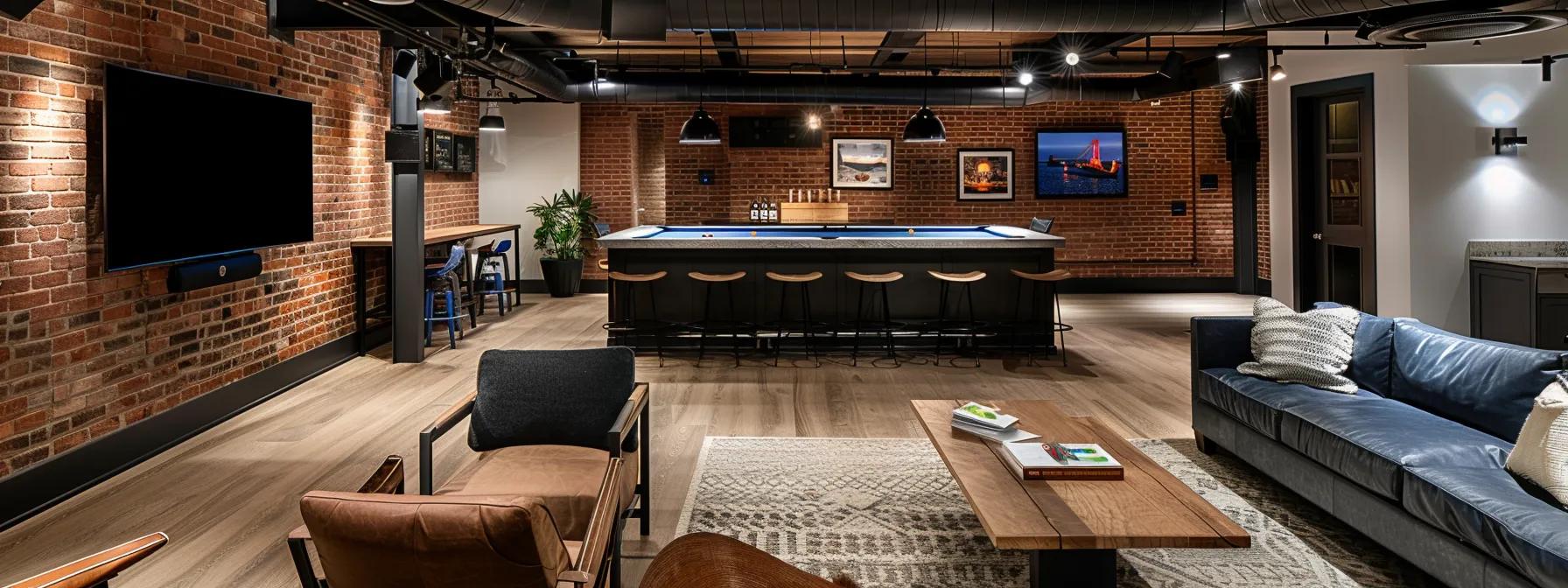 a stylishly renovated basement interior showcases a modern multifunctional space, featuring sleek furnishings and ambient lighting, designed to maximize usability and transform the area into a welcoming living environment.