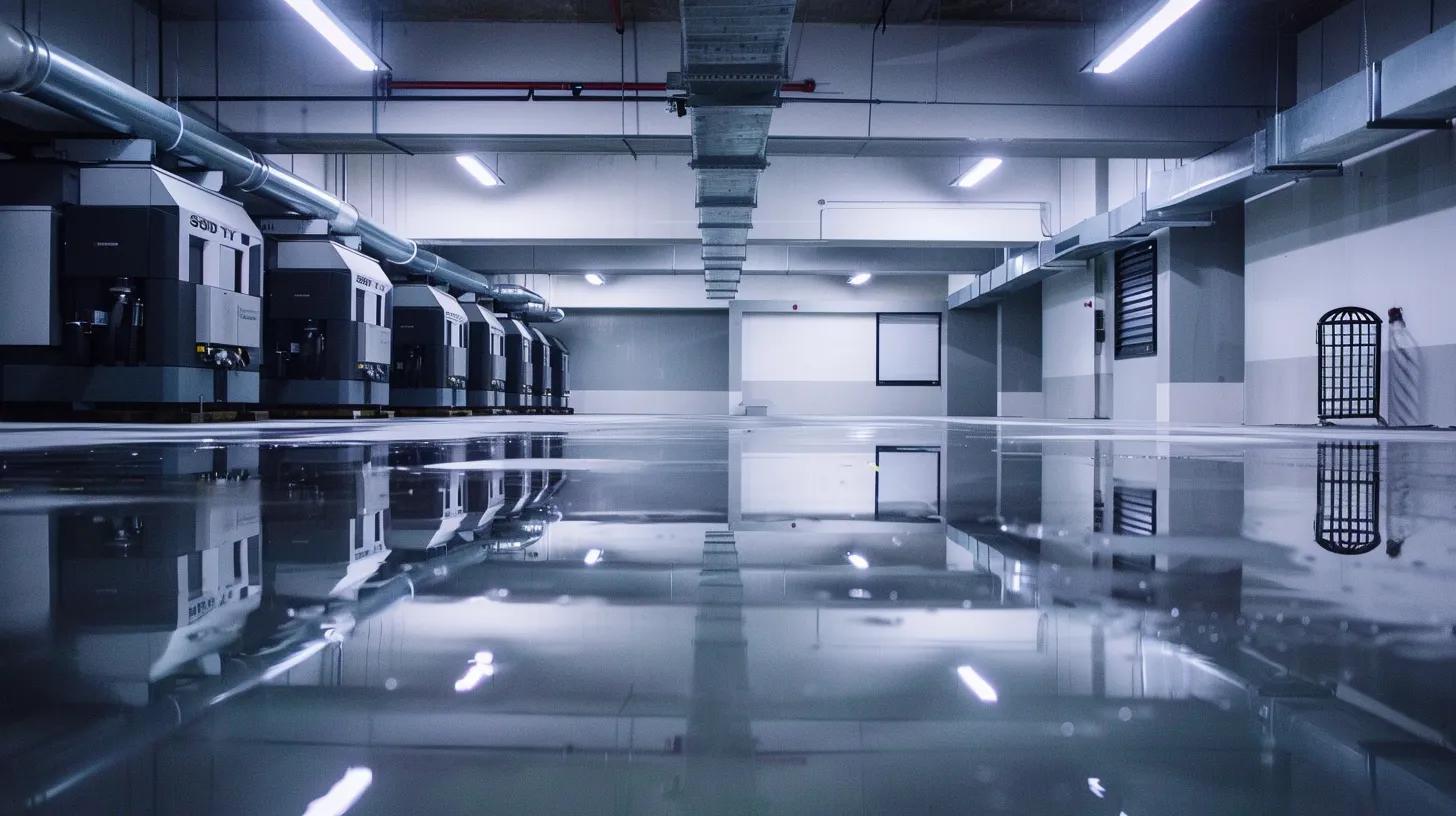 a professionally staged commercial basement showcasing an advanced waterproofing system, with sleek, modern machinery and clean, dry surfaces, emphasizing the transformation of the space into a safe, efficient environment for business operations.