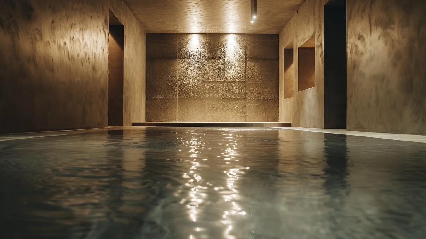 a modern commercial basement scene showcases advanced waterproofing technology in action, featuring clear waterproofing membranes on freshly treated walls, illuminated by bright, focused artificial lighting, emphasizing the meticulous craftsmanship and sound engineering behind effective moisture control systems.