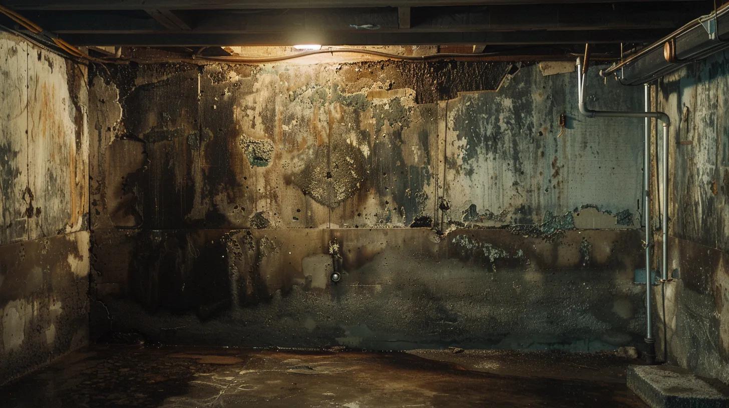 a dimly lit commercial basement showcases distinct signs of water damage, featuring visible water seepage along the walls, minor cracks in the concrete surface, and patches of mold, emphasizing the urgency of early detection for effective waterproofing solutions.