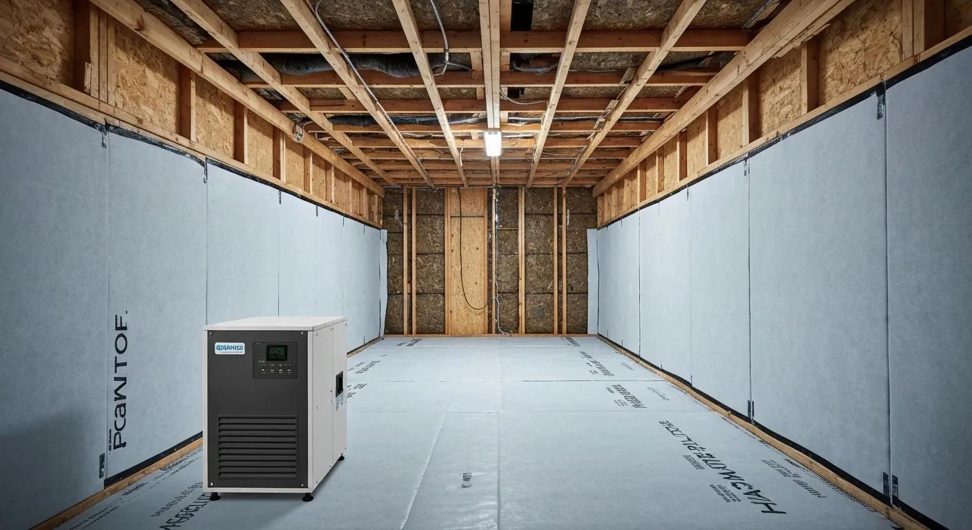 Crawl space encapsulation featuring durable vapor barriers and a high-efficiency dehumidifier for superior air quality