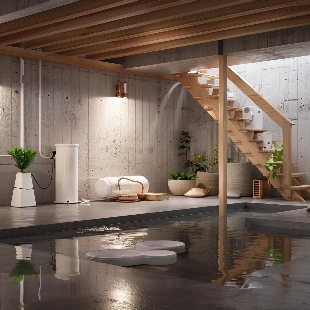 Basement waterproofing solutions showcasing a dry and healthy environment with sump pump and French drain