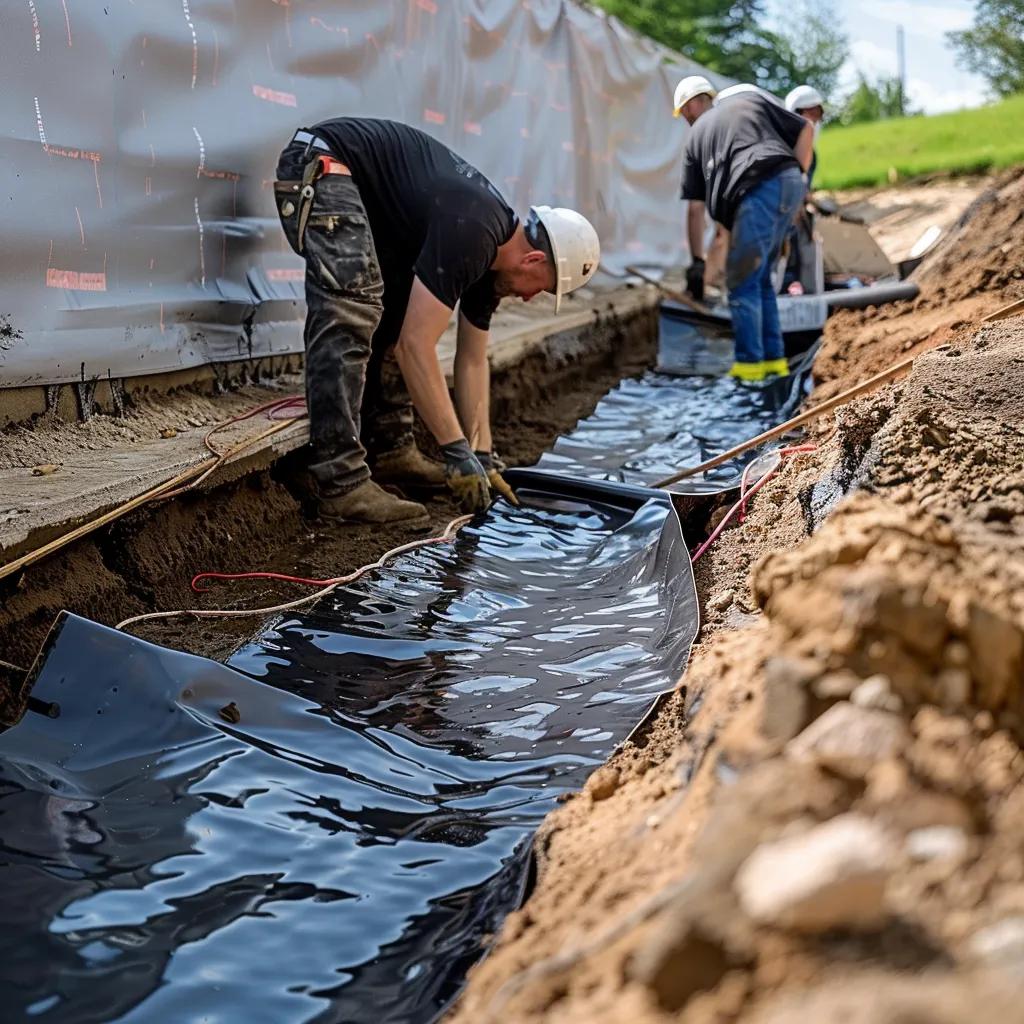 Workers applying exterior waterproofing solutions around a foundation with visible membranes and drain tiles