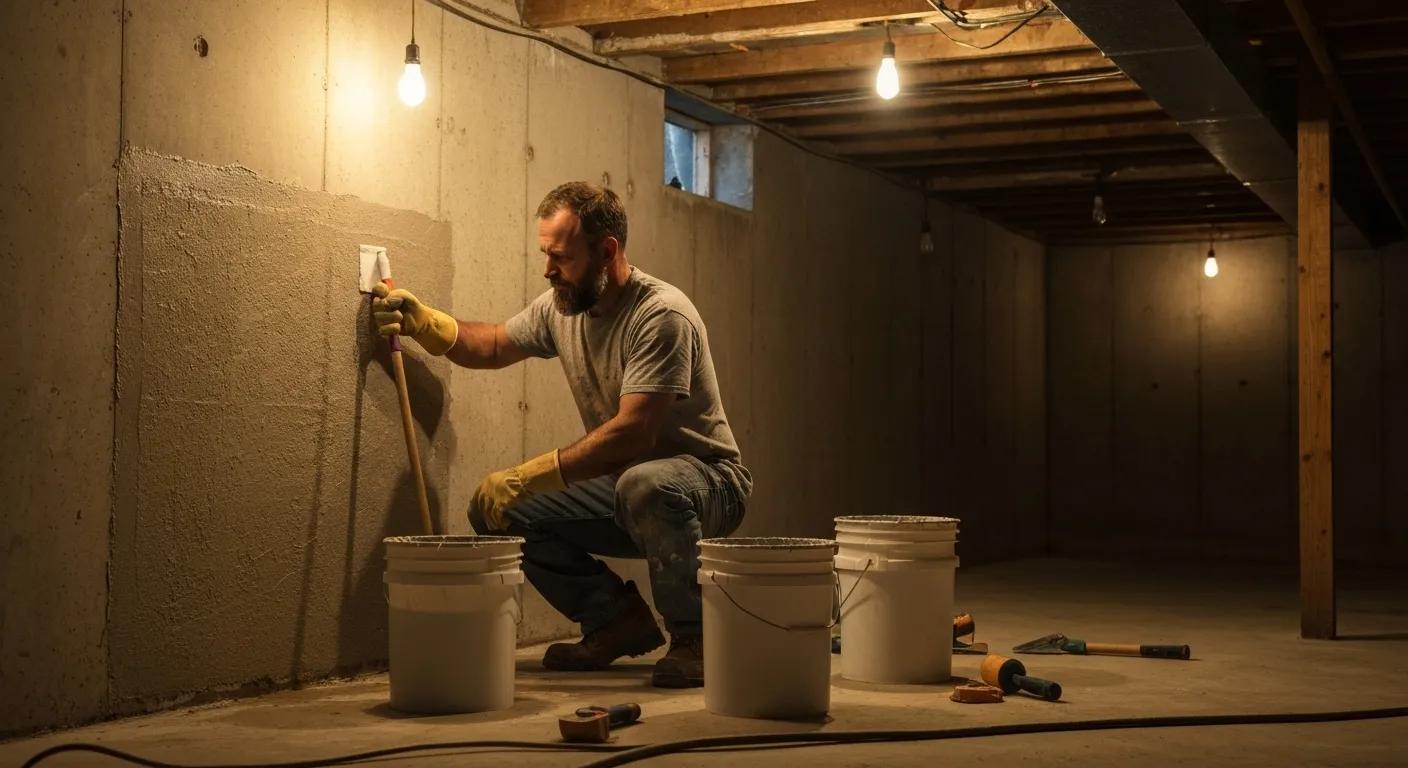 Homeowner applying DIY waterproofing methods in a basement sealing project