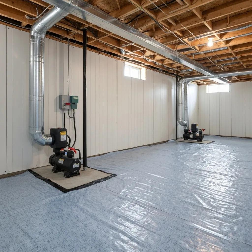 Modern basement waterproofing setup showcasing a clean, dry environment