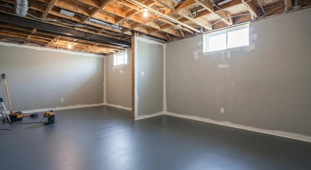 Affordable basement sealing solutions showcasing a clean, dry basement with waterproofing materials