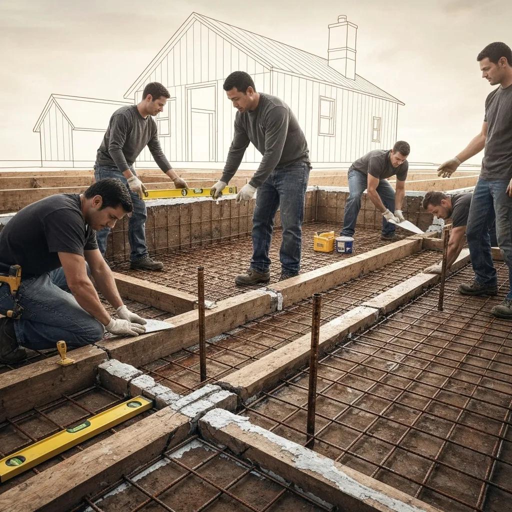 Workers reinforcing foundation walls to prevent water intrusion and mold