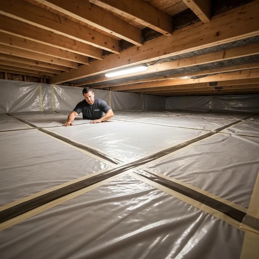 Technician installing vapor barrier in a crawl space for mold prevention